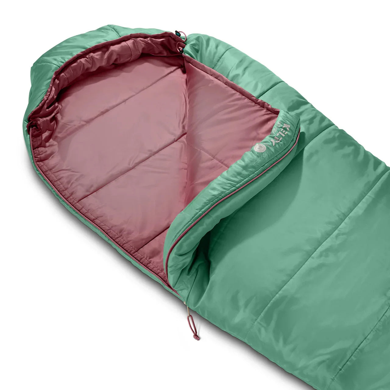 Teal and pink mummy sleeping bag for camping, unzipped on a white background