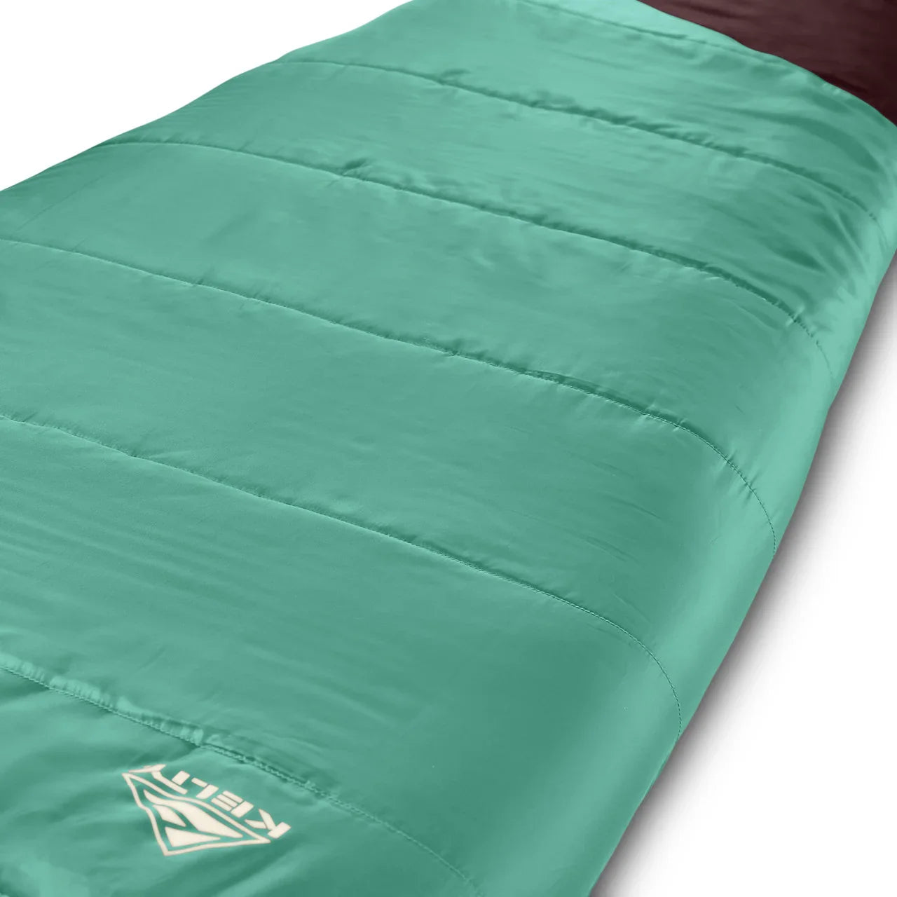 Teal rectangular Kelty sleeping bag with quilted stitching on white background