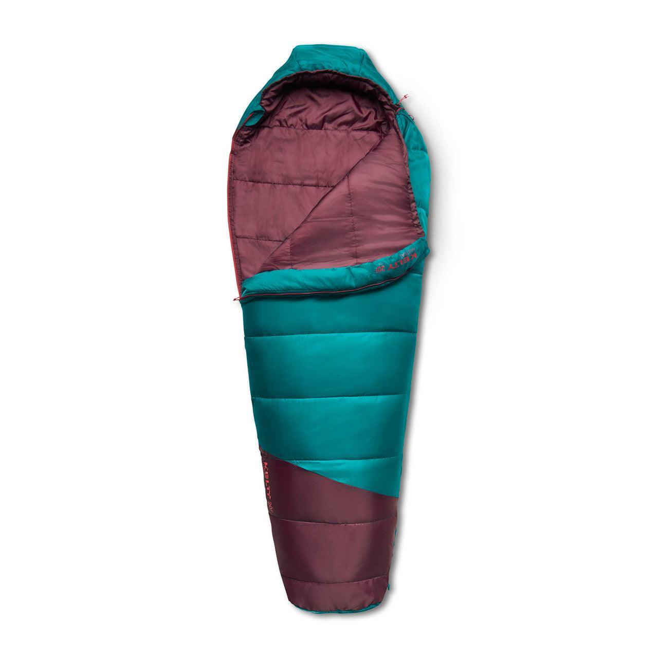 Mistral Deep Lake Huckleberry mummy sleeping bag, teal and maroon, on white background