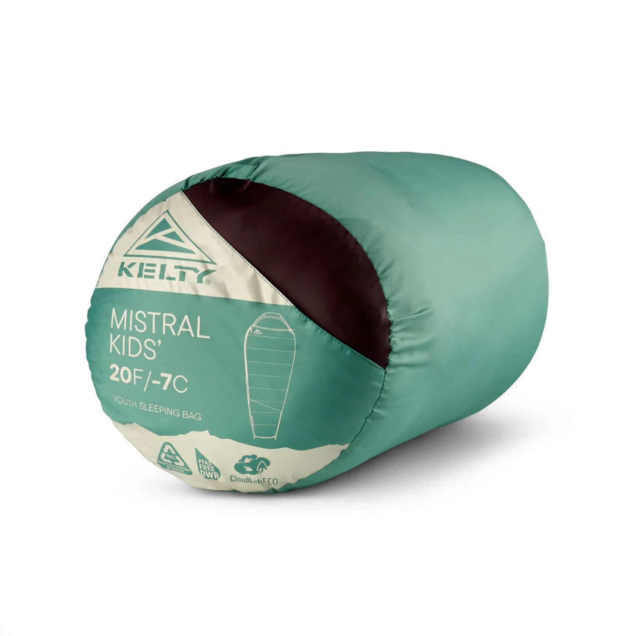 Kelty Mistral Kids 20F teal youth sleeping bag in stuff sack, camping gear