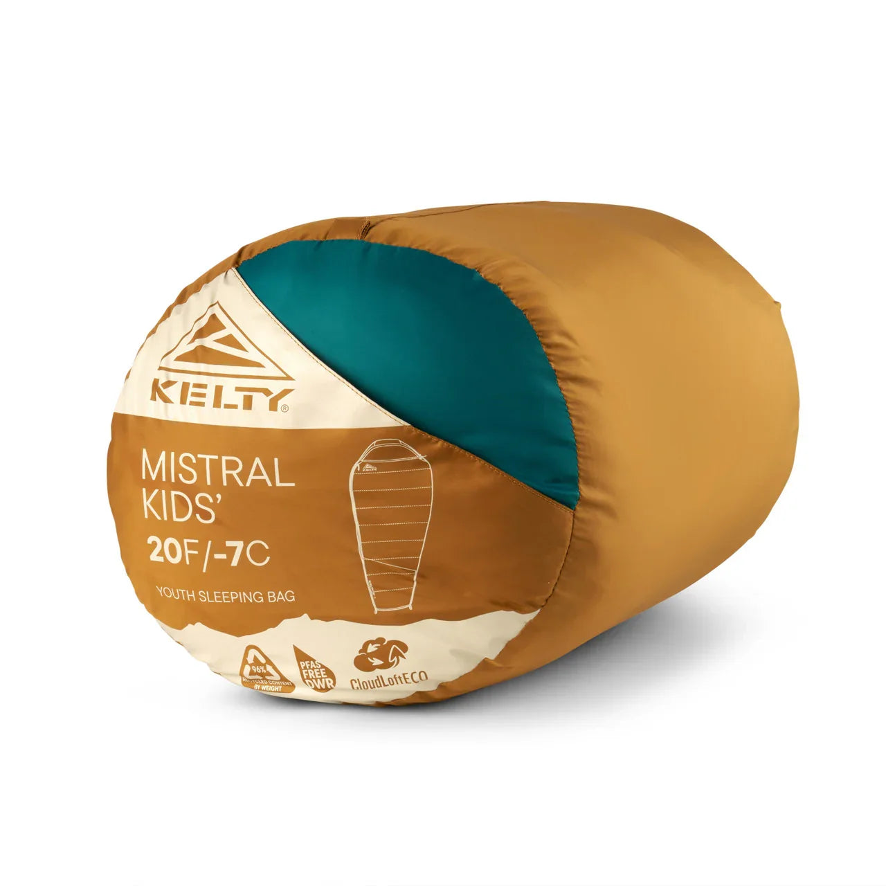 Kelty Mistral Kids' 20F youth sleeping bag in brown stuff sack, camping gear