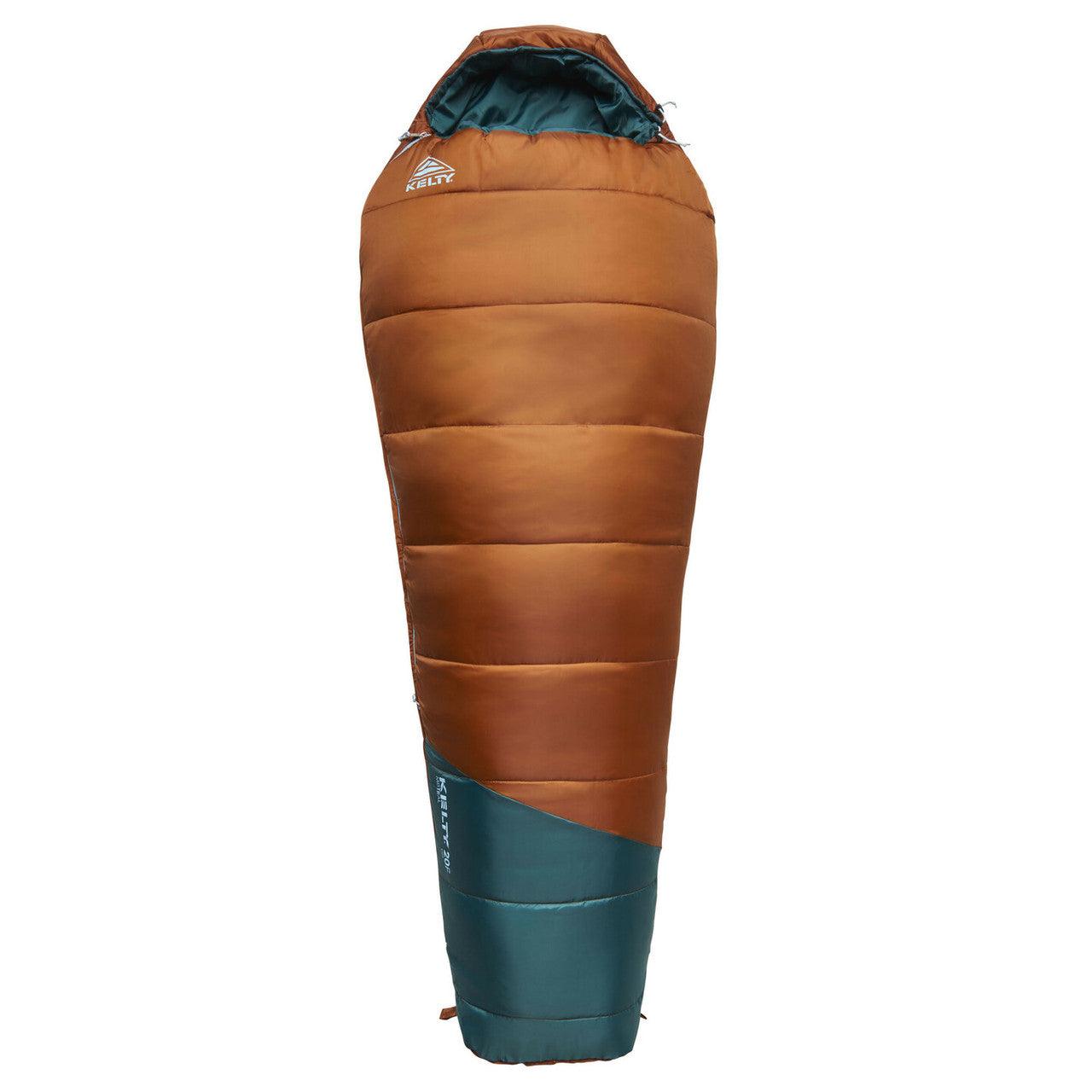 Kelty brown and teal mummy sleeping bag for camping and outdoor adventures