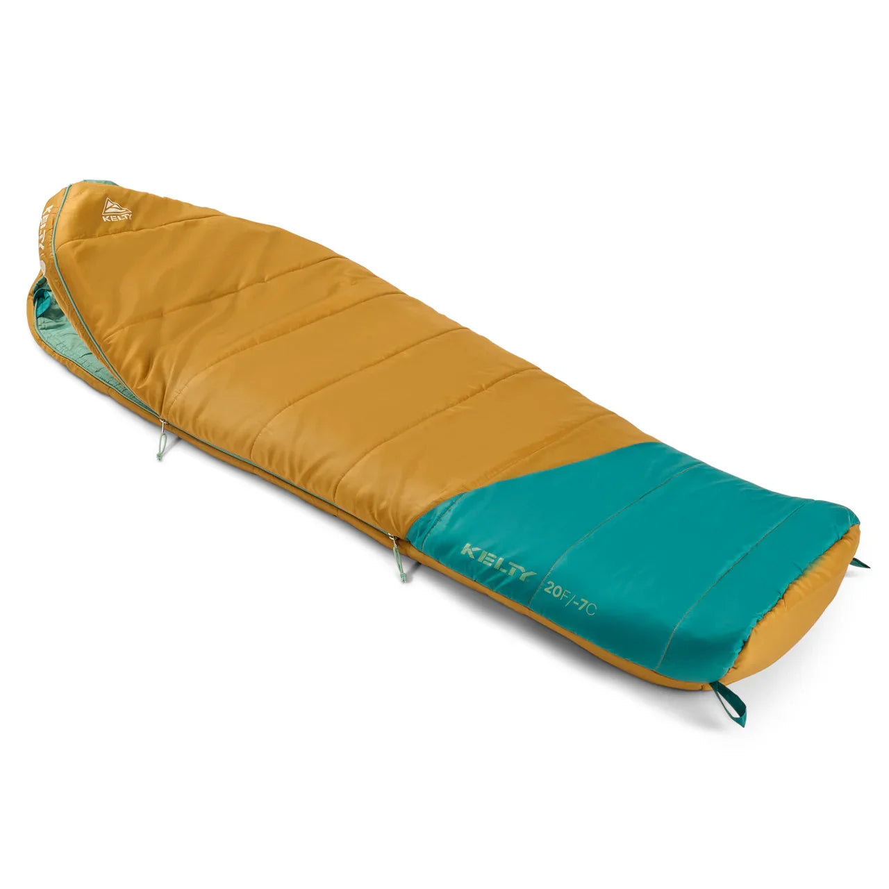 Kelty Mistral Kids 20 Woodthrush sleeping bag in orange and teal on white background