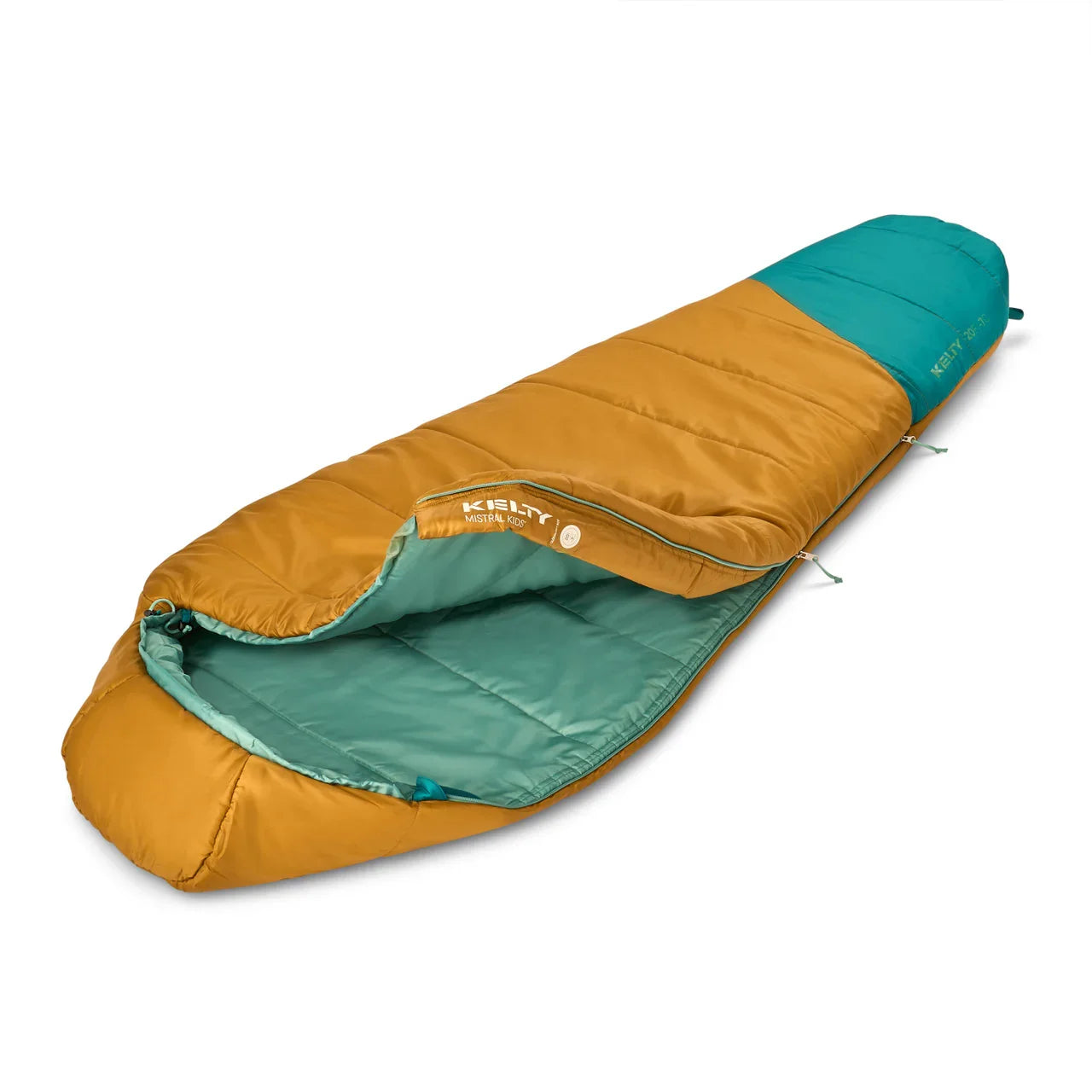 Kelty Mistral Kids 20 sleeping bag in woodthrush and teal, mummy style, unzipped