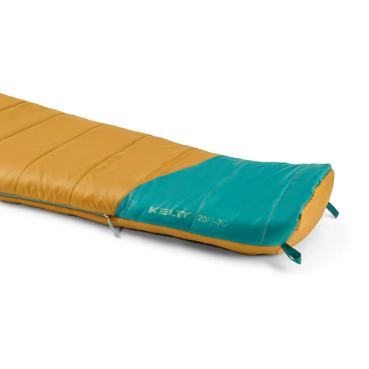 Kelty Mistral Kids 20 sleeping bag in yellow and teal on a white background