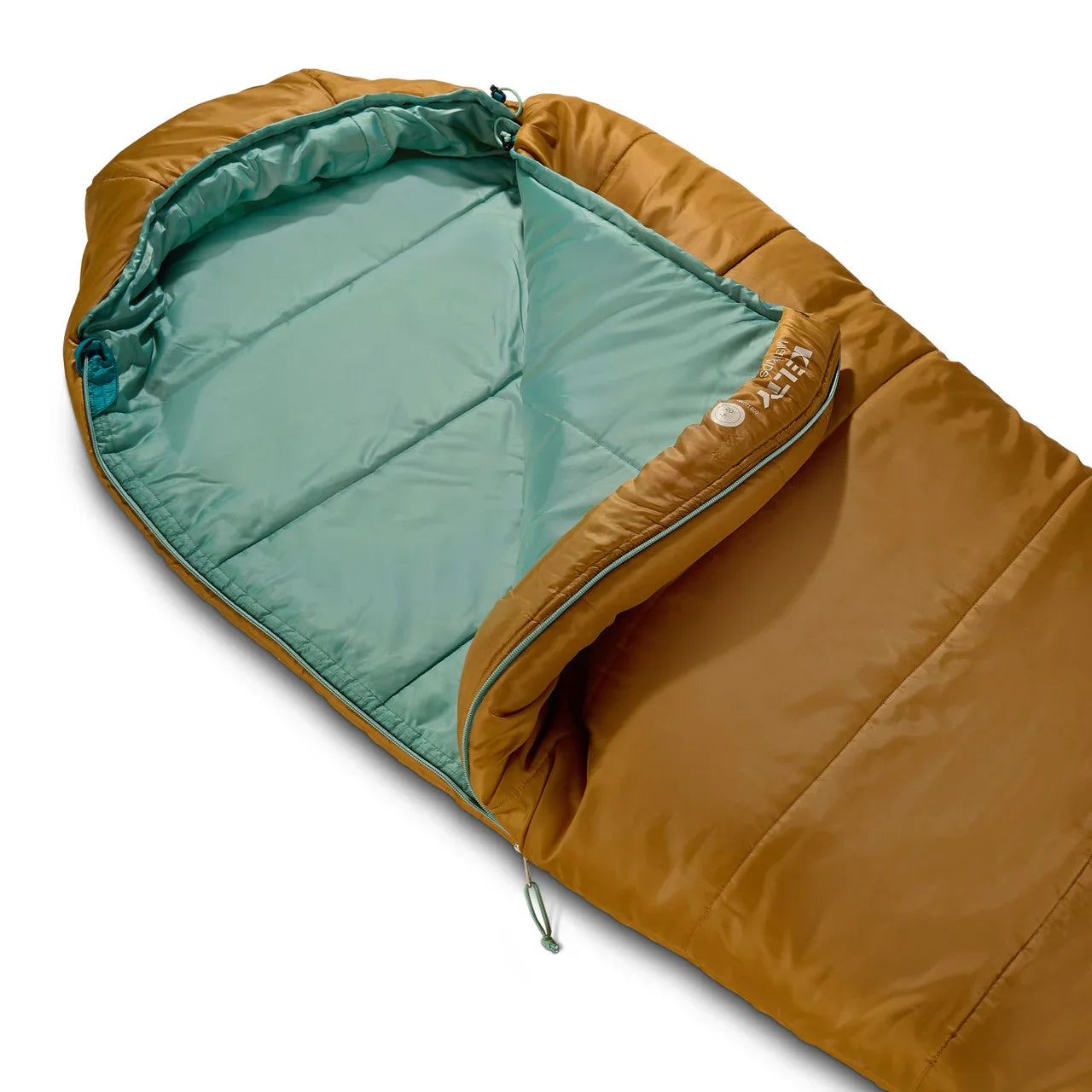 Kelty Mistral Kids 20 sleeping bag in woodthrush brown with teal interior on white background