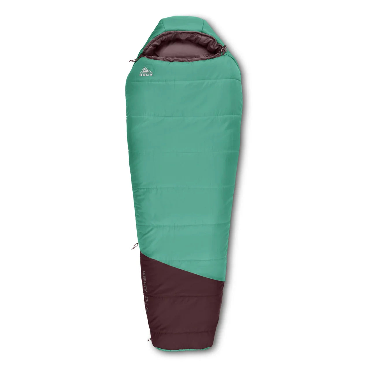 Kelty green and brown mummy sleeping bag for camping on white background