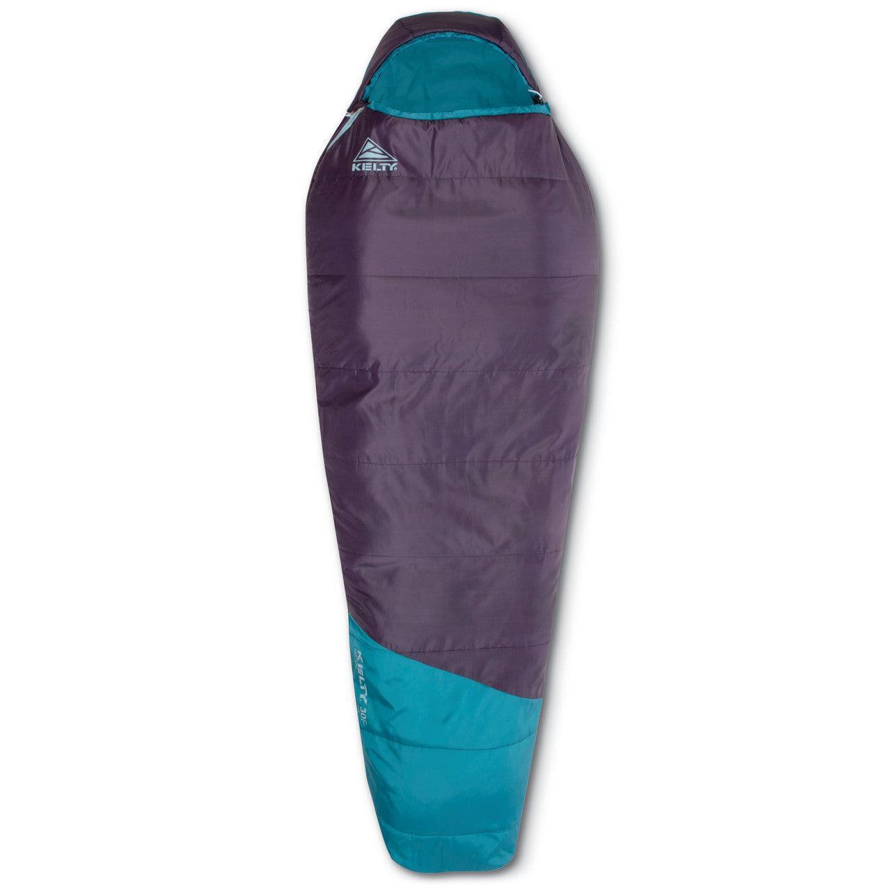 Kelty mummy sleeping bag in purple and teal for camping or backpacking