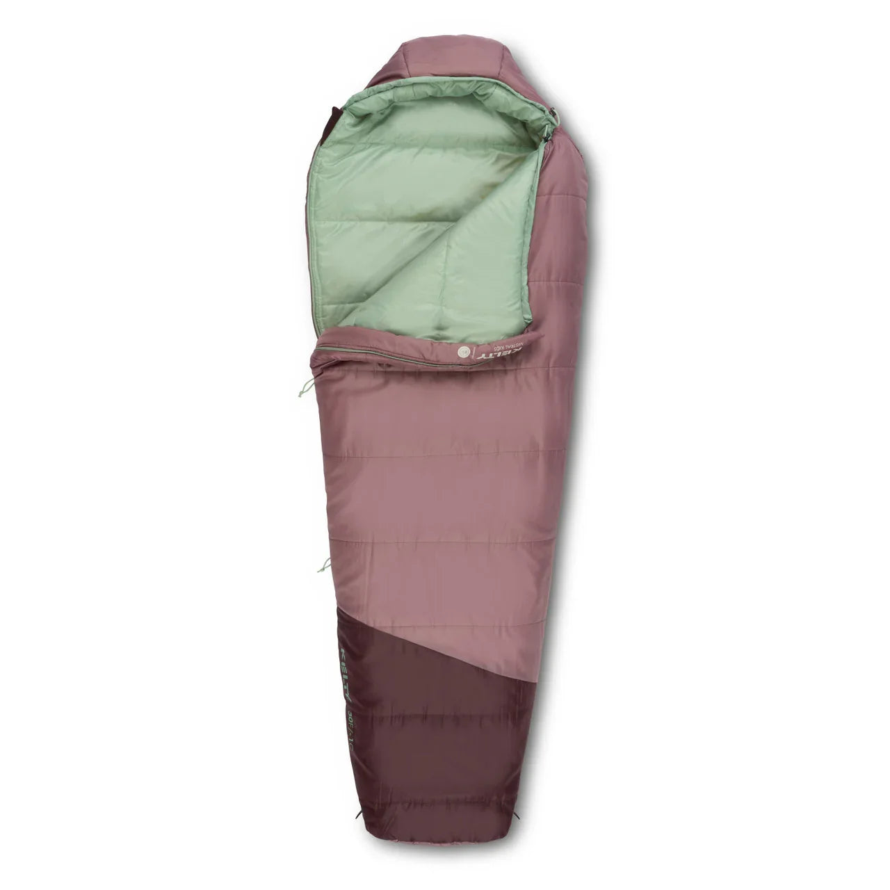 Mauve and mint green mummy sleeping bag for camping on white background