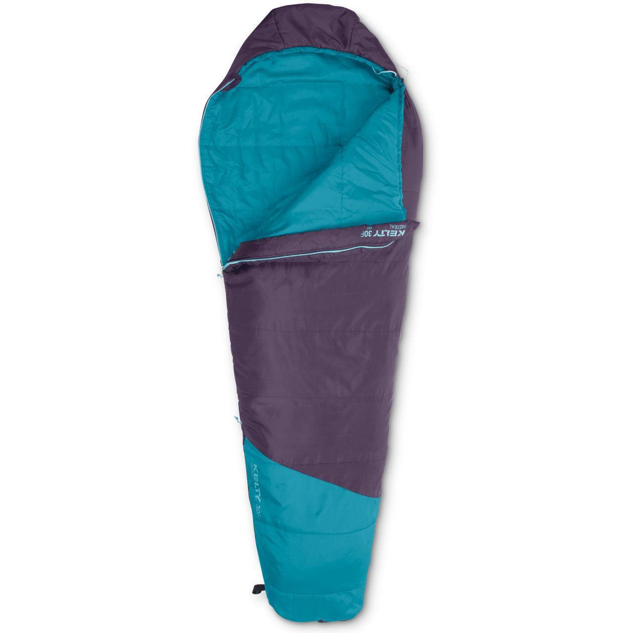 Kelty Mistral 30 mummy sleeping bag, teal and purple, unzipped on white background
