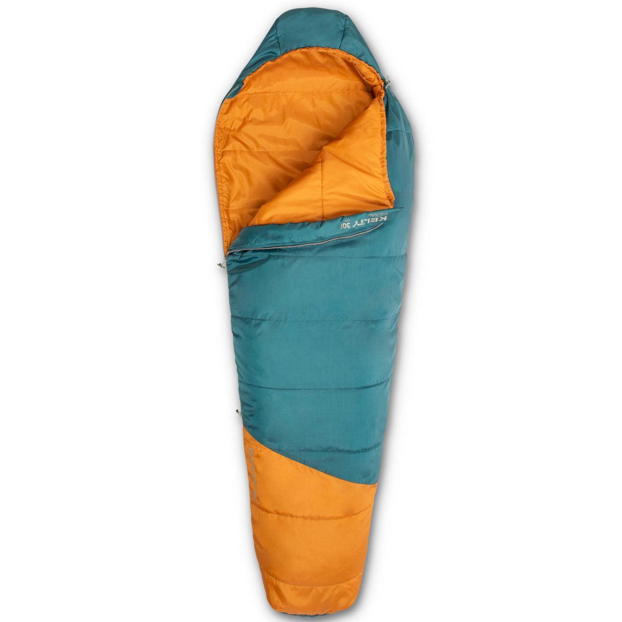 Teal and orange mummy-style sleeping bag for camping on white background