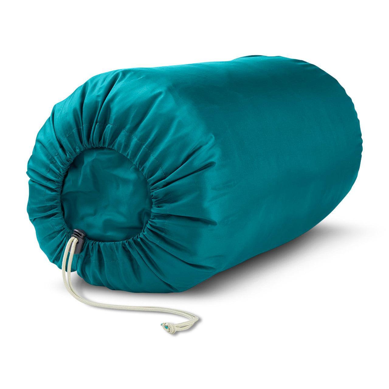 Deep teal kids sleeping bag stuff sack with drawstring closure on white background
