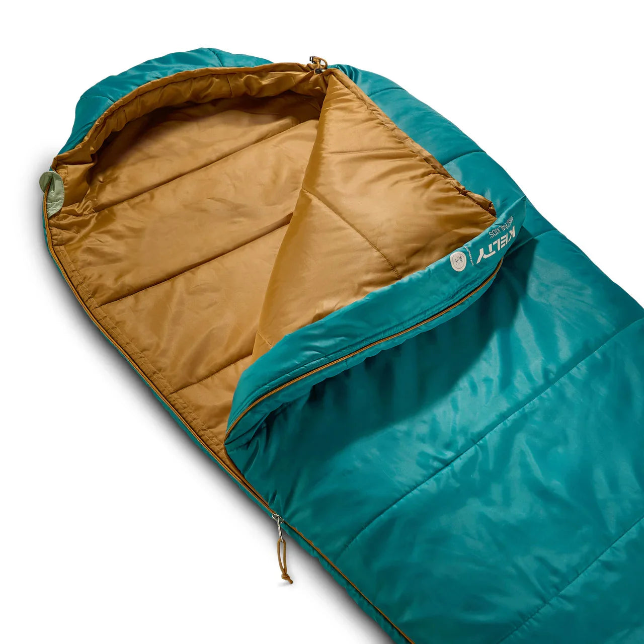 Kelty kids sleeping bag deep lake blue with tan lining, partially unzipped on white background