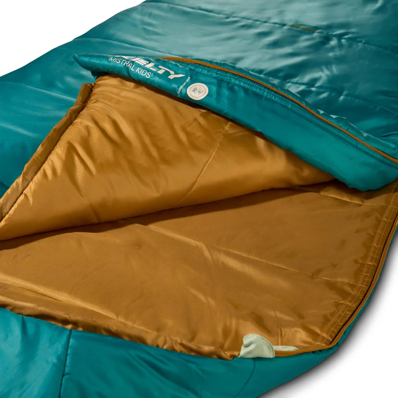 Open teal and brown Kelty Mistral Kids 30 sleeping bag for camping