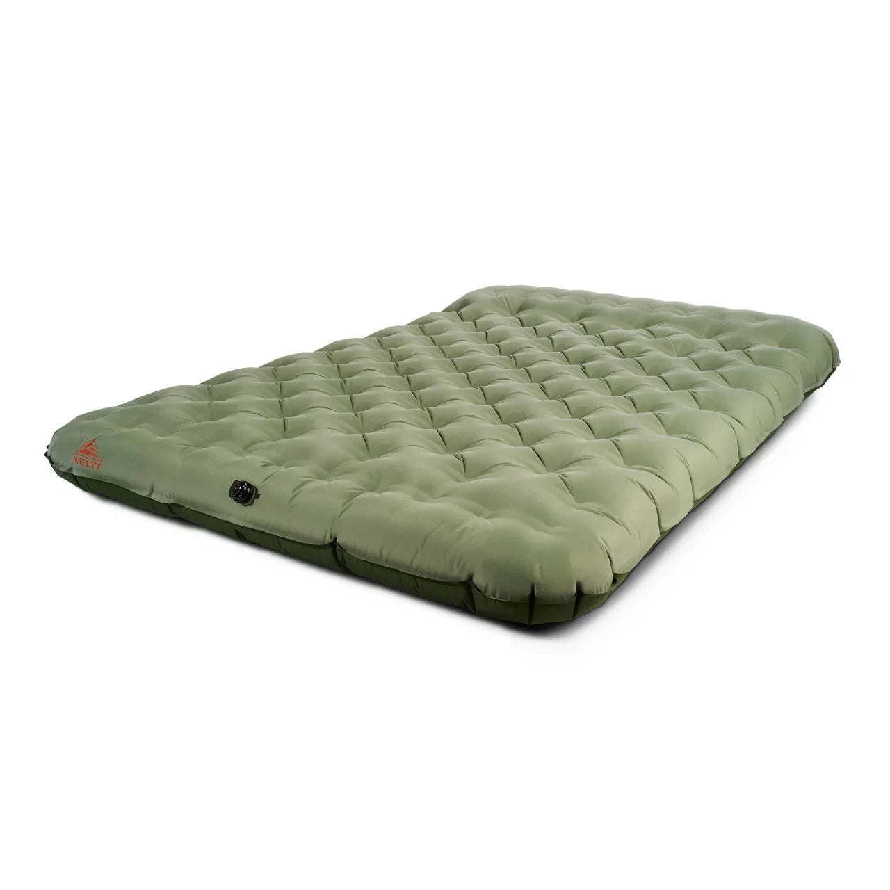 Green inflatable camping air mattress with tufted surface on white background