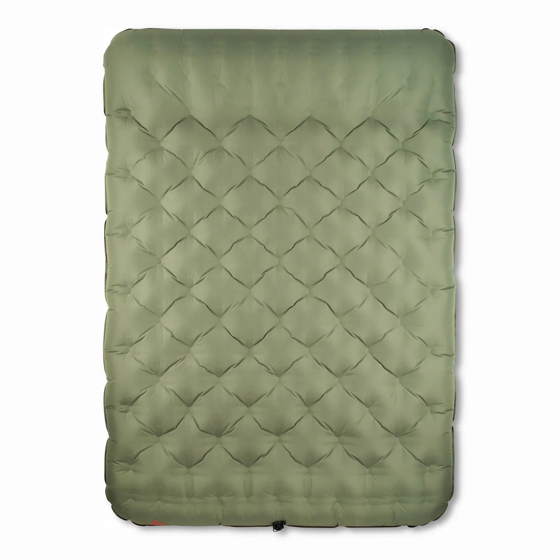 Olive green inflatable camping mattress with quilted pattern on white background