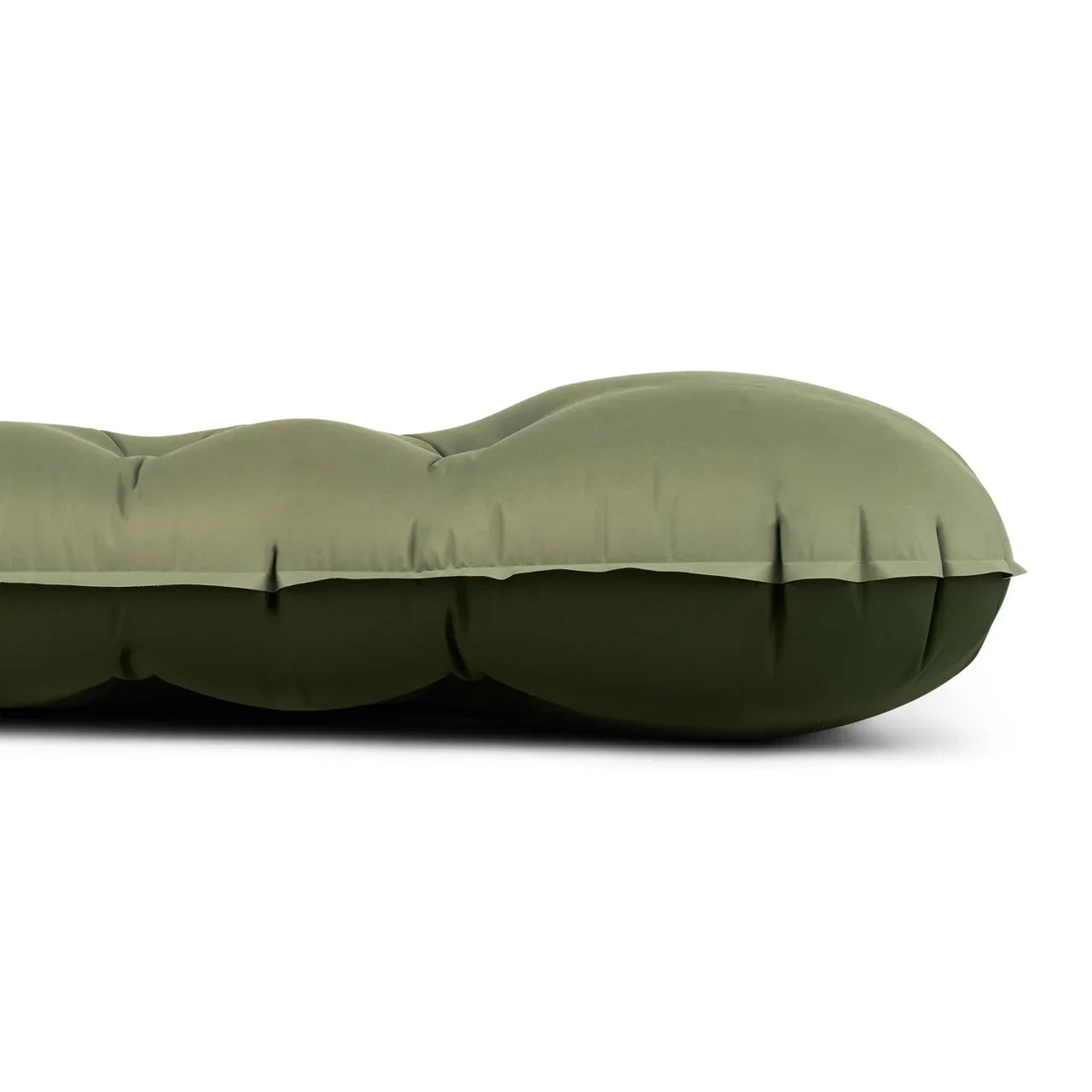 Olive green inflatable air mattress with tufted sections on white background