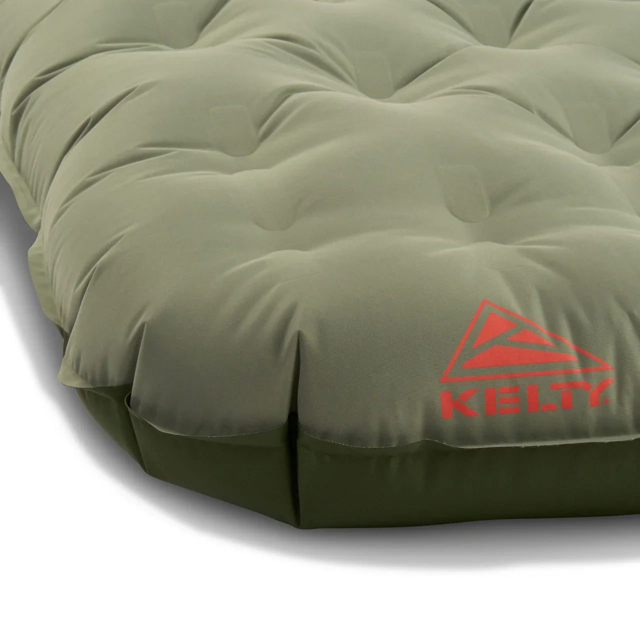 Olive green Kelty inflatable camping air mattress with tufted surface detail