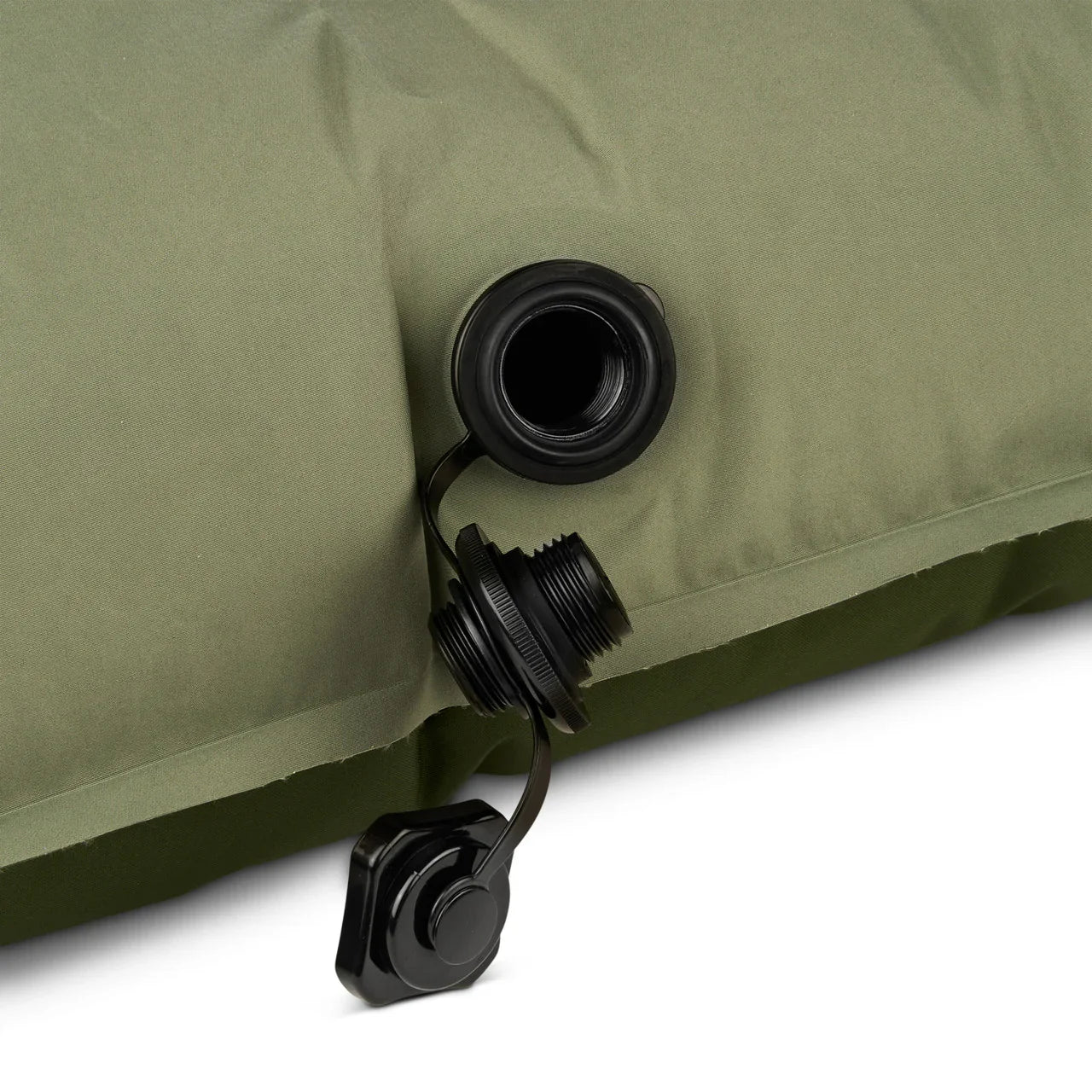 Olive green inflatable air mattress with open black valve cap close-up