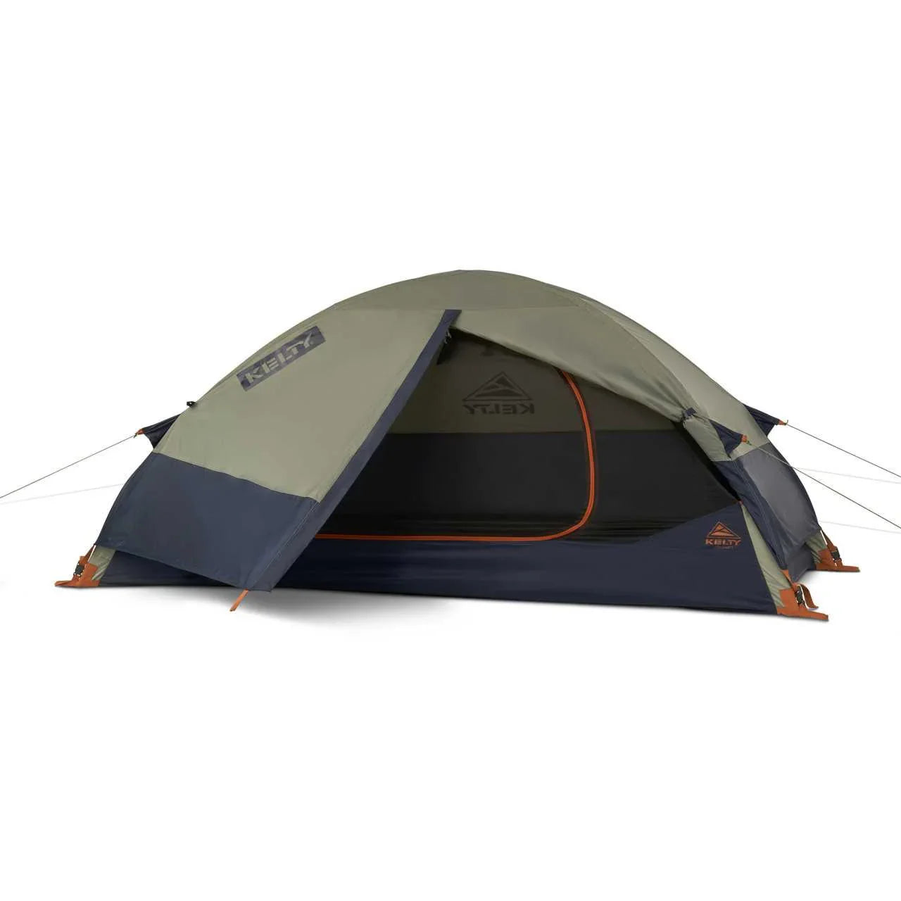 Kelty Late Start 1P one-person backpacking tent, gray and blue, with open door