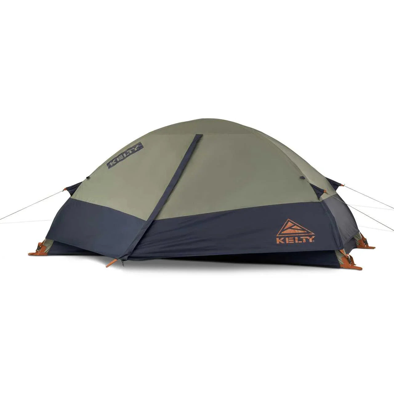 Kelty Late Start 1P olive and navy camping tent with orange logo on white background
