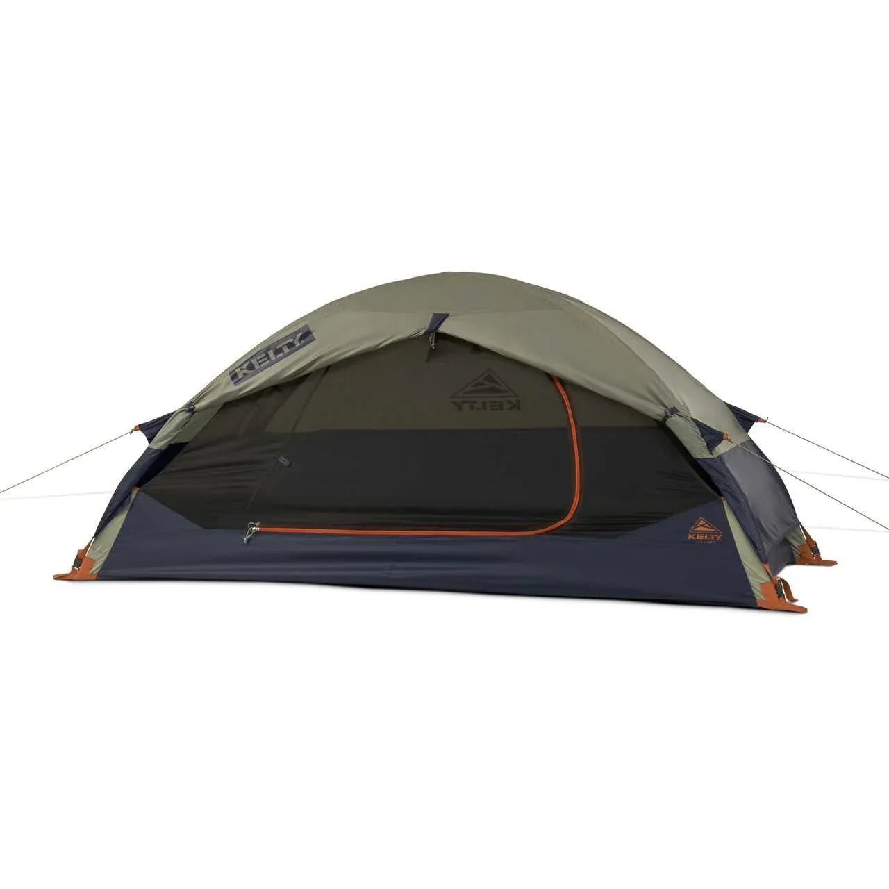 Kelty Late Start 1P backpacking tent, gray and navy, set up on white background