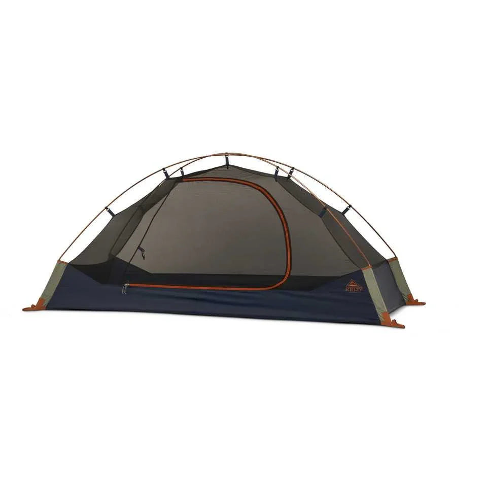 Kelty Late Start 1P tent, single-person, freestanding mesh dome, blue and orange, on white background