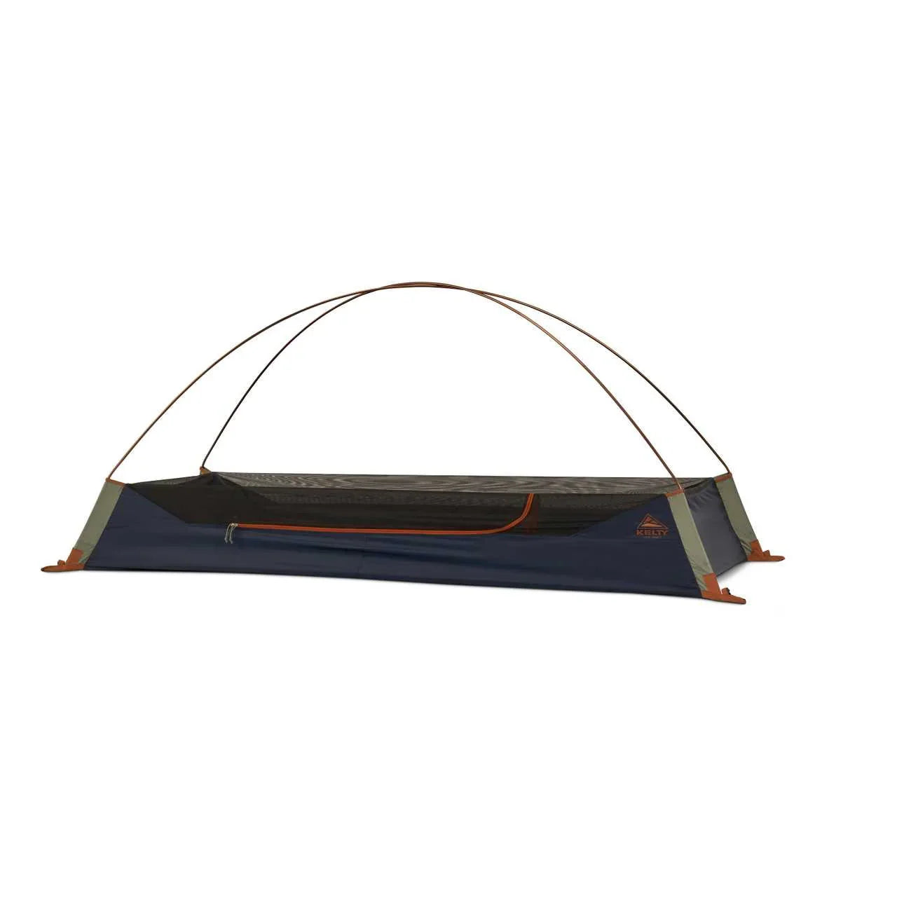 Kelty Late Start 1P one person tent with blue and orange trim on white background