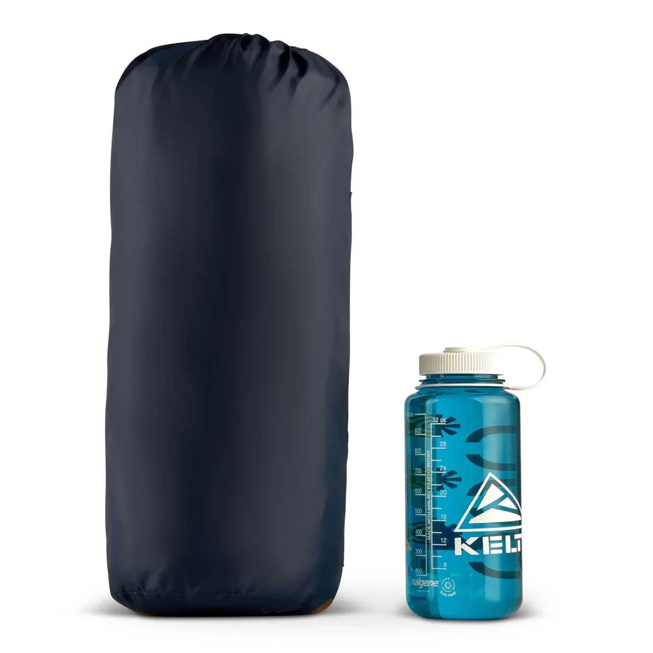 Kelty Late Start 1P tent packed in black bag beside blue Kelty Nalgene water bottle