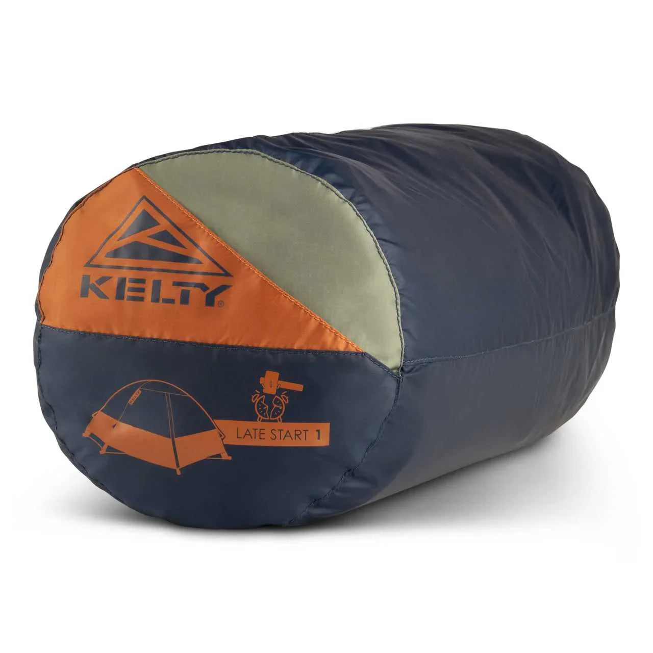 Kelty Late Start 1P tent packed in a blue and orange cylindrical carry bag