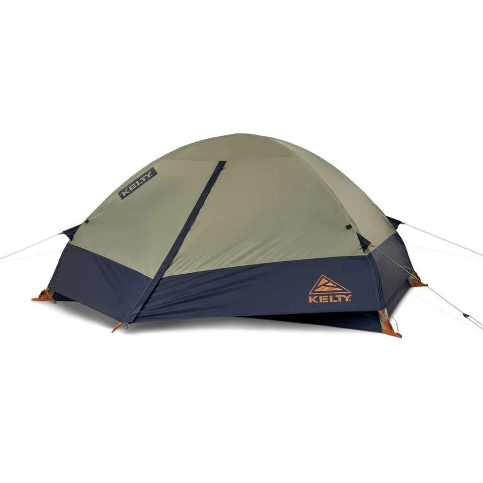 Kelty Late Start 2P tent in gray and blue with orange logo, set up on white background
