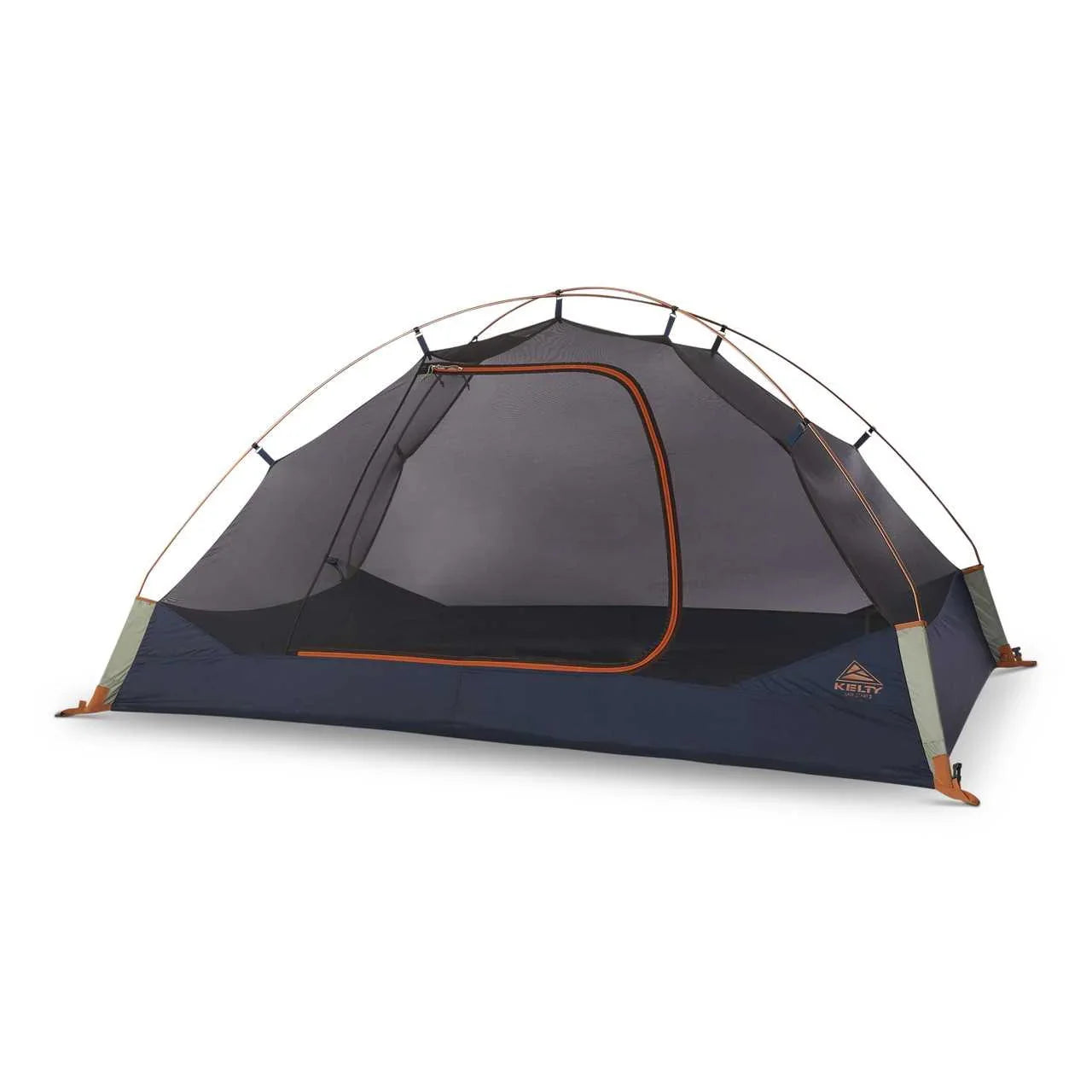 Kelty Late Start 2P tent with mesh walls and blue base on white background