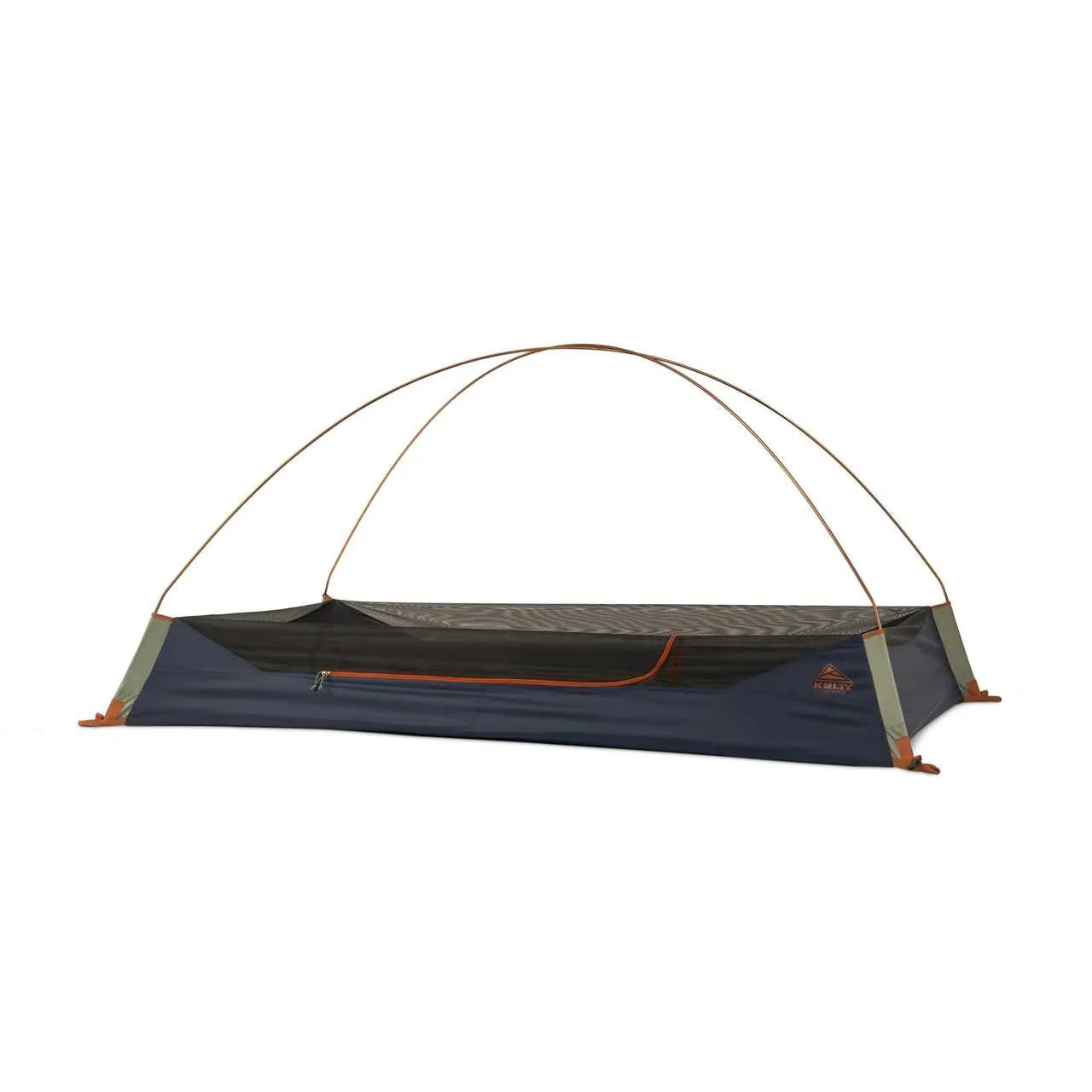 Kelty Late Start 2P camping tent with mesh body and orange poles on white background