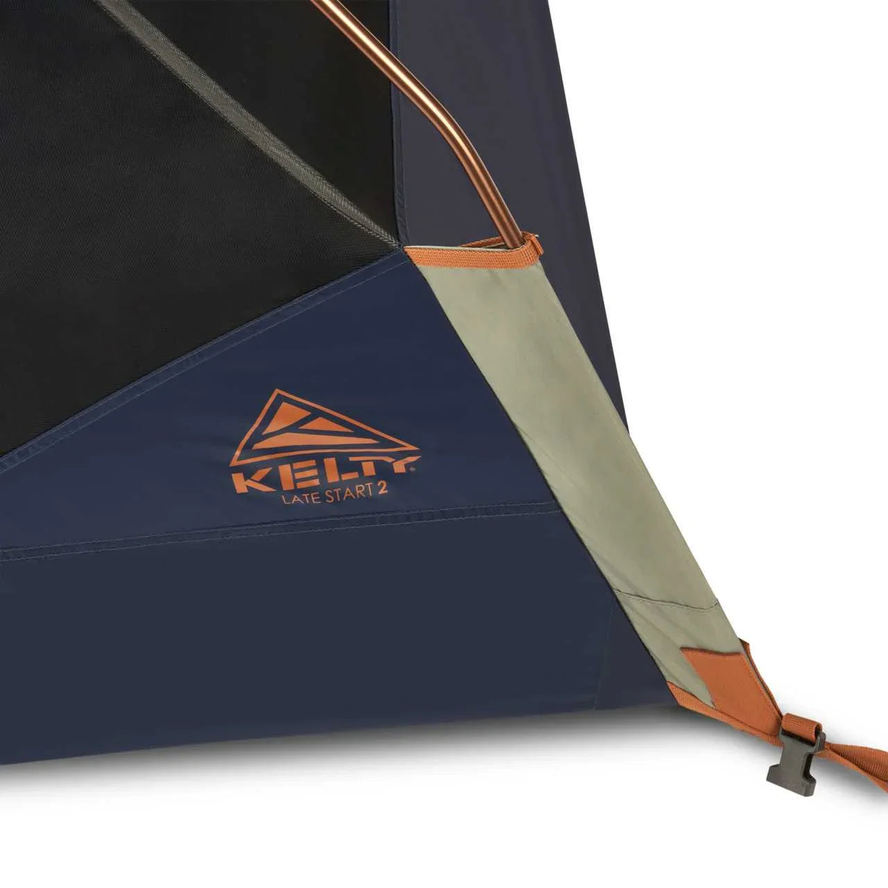 Kelty Late Start 2P tent corner with logo, pole, and blue-gray fabric details