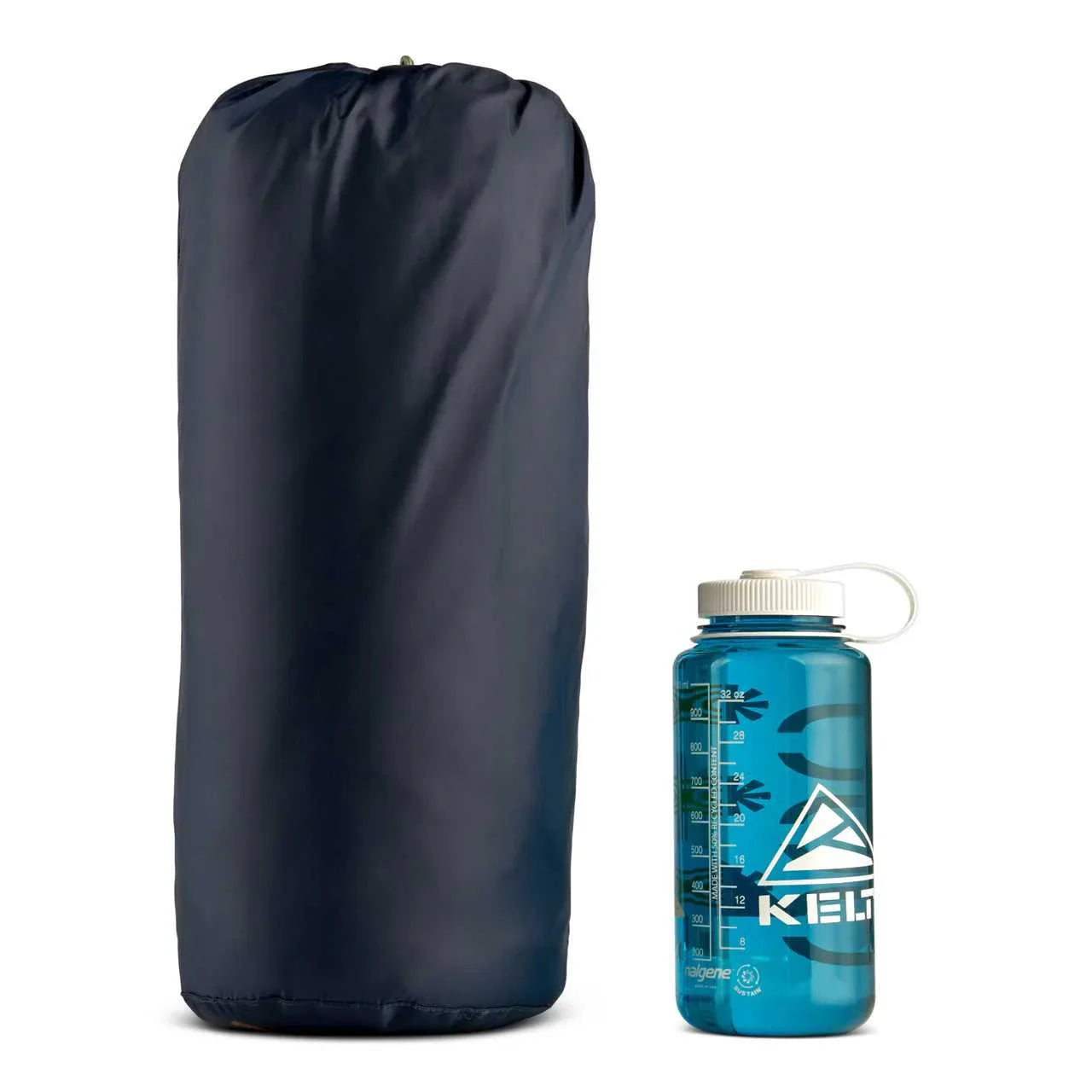Kelty Late Start 2P tent packed in a stuff sack next to a blue Kelty Nalgene water bottle