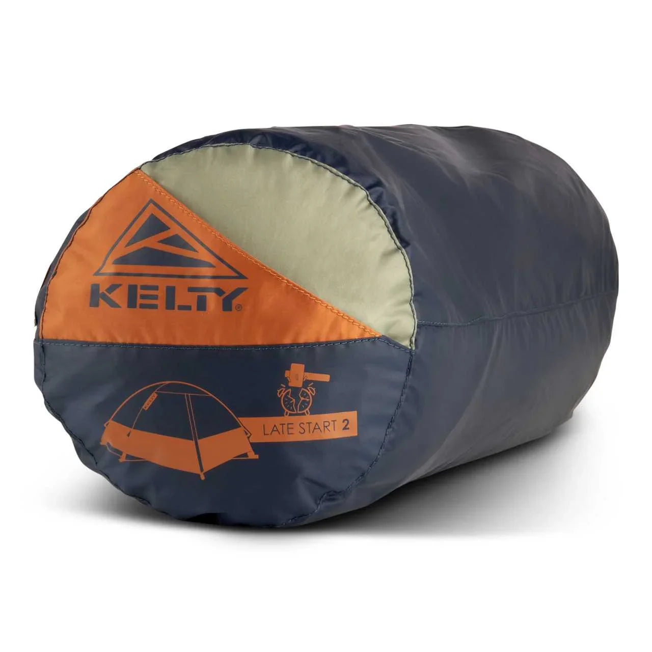 Kelty Late Start 2P tent in compact blue and orange carry bag on white background
