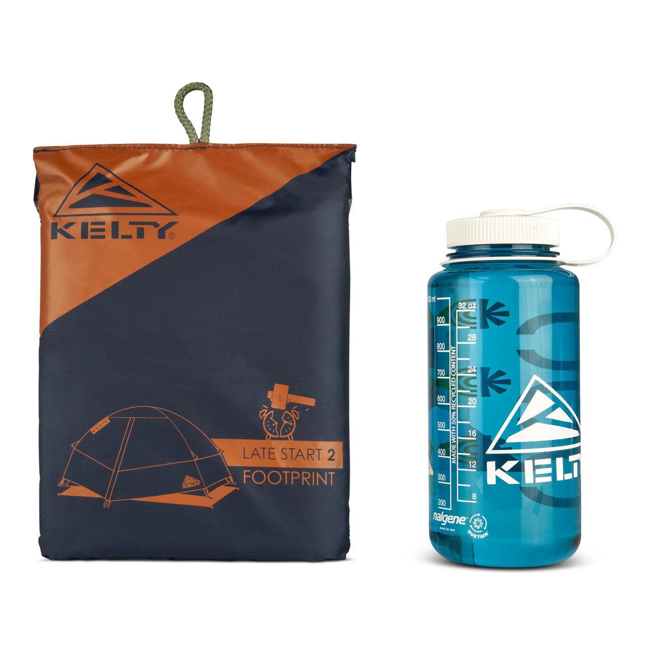 Kelty Late Start 2 tent footprint in storage bag beside blue Nalgene water bottle