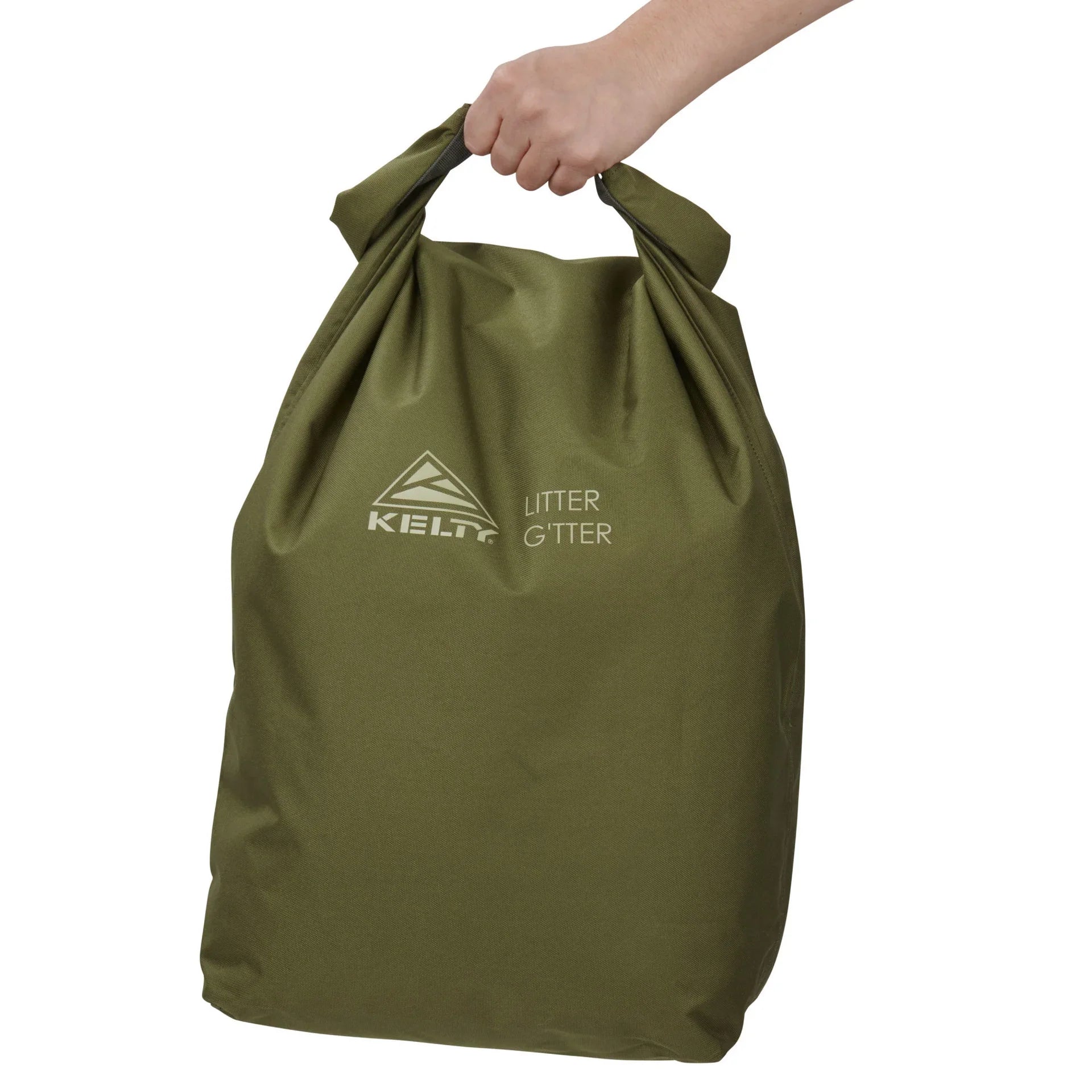 Hand holding green Kelty Litter Gitter outdoor trash bag, winter moss color.
