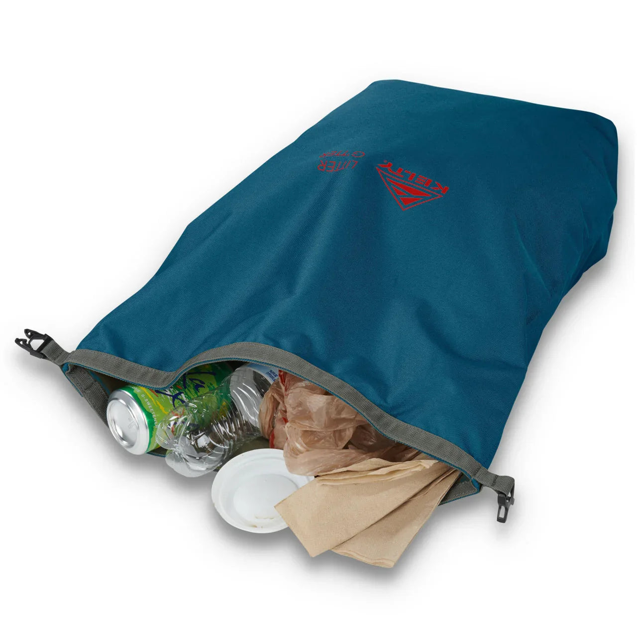 Deep teal Kelty litter bag filled with cans, plastic bottles, napkins, and food wrappers