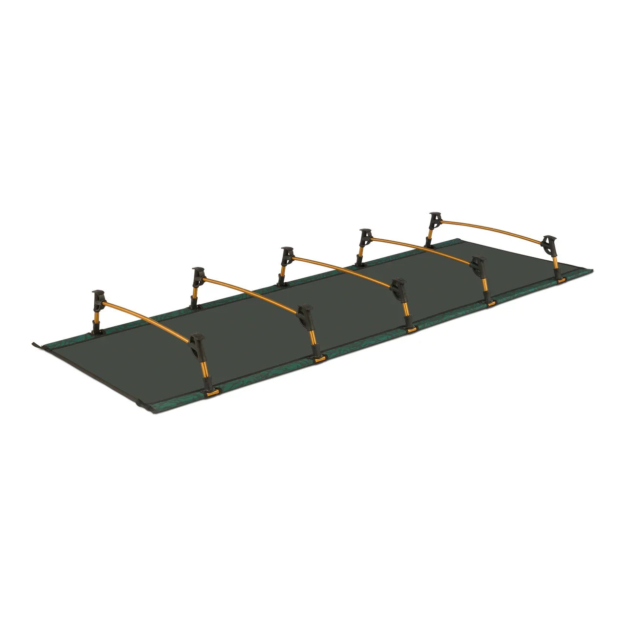 Folding camping cot with green fabric and orange frame on white background