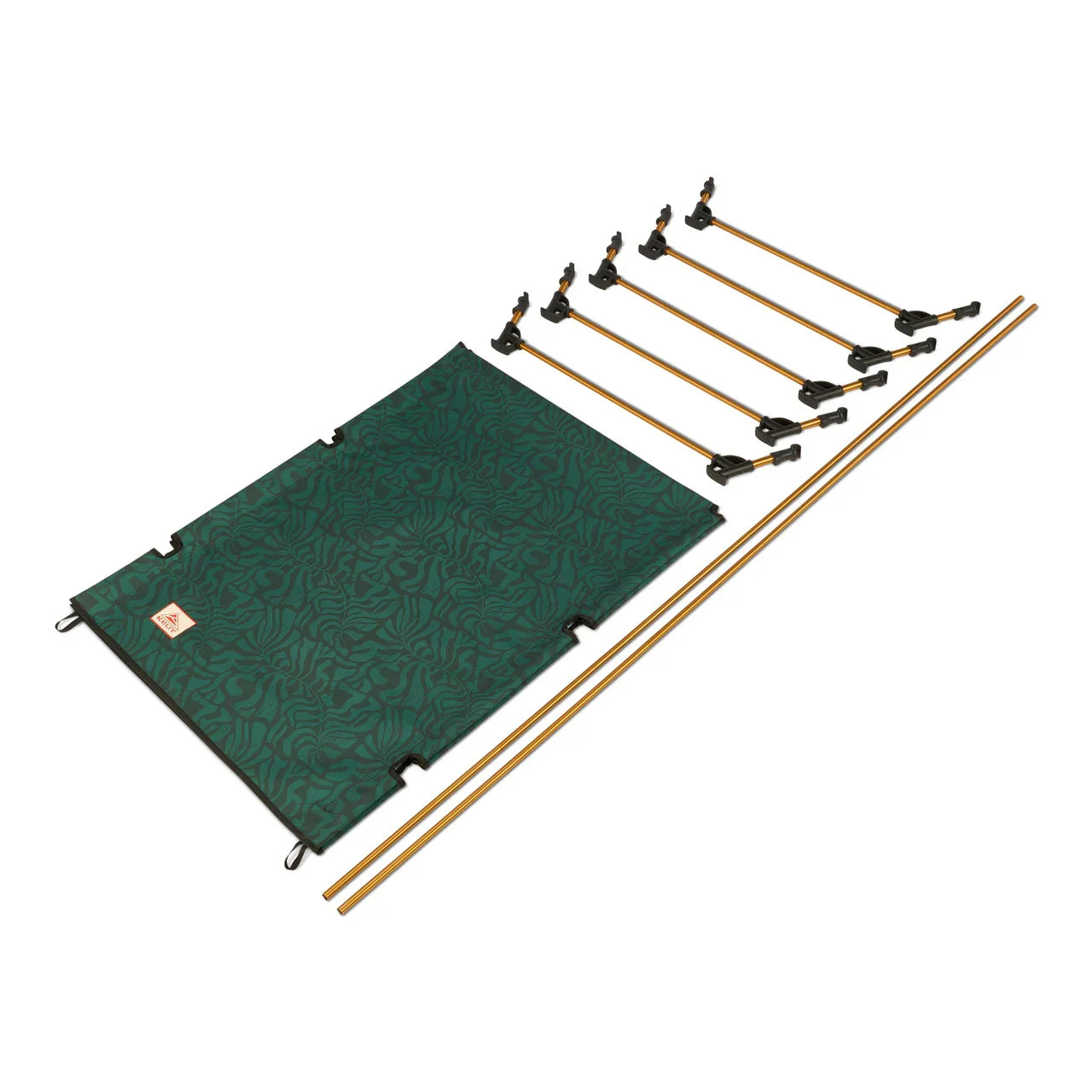 Green patterned camping cot fabric and yellow aluminum frame poles, disassembled