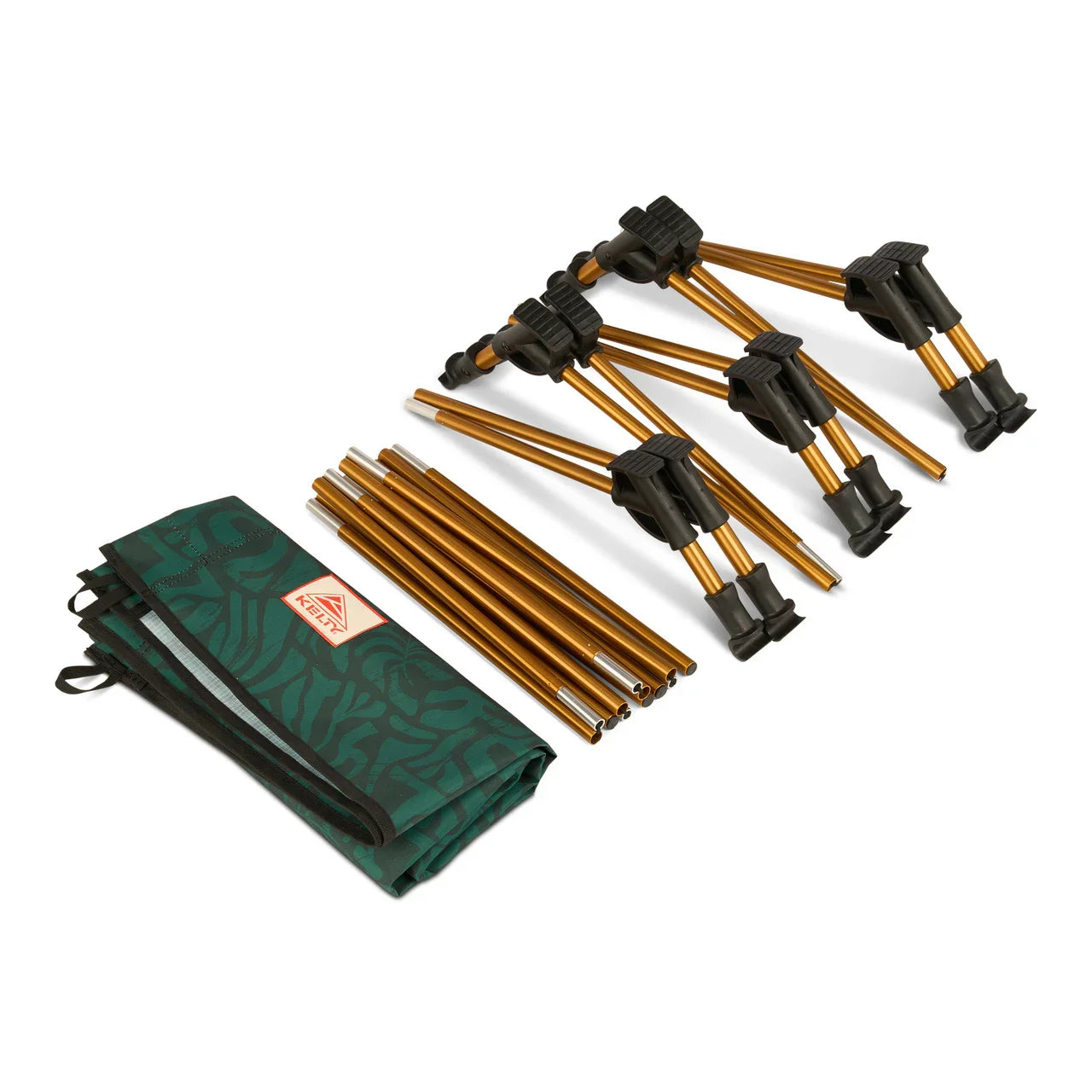 Kelty camping chair parts with gold aluminum frame, black plastic joints, and green carrying bag