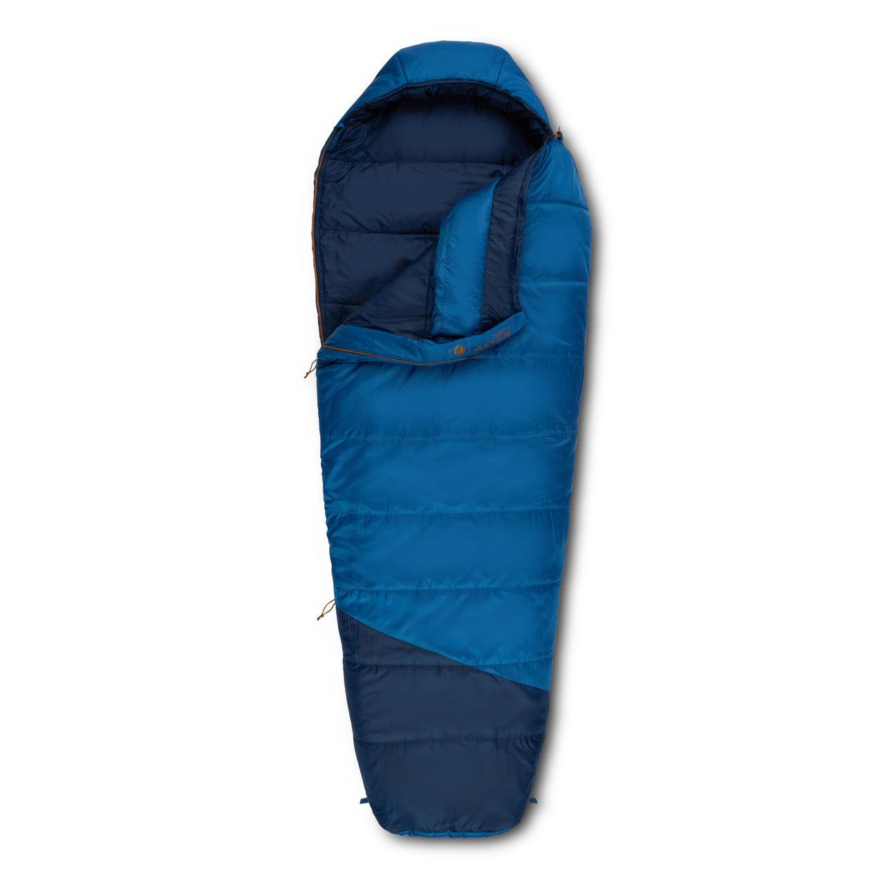 Blue mummy sleeping bag with hood for camping and outdoor gear