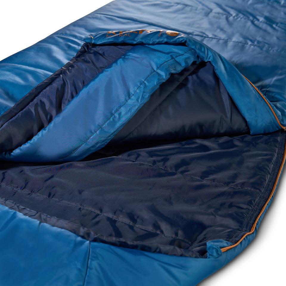 Blue insulated sleeping bag with open zipper and orange trim for camping or hiking