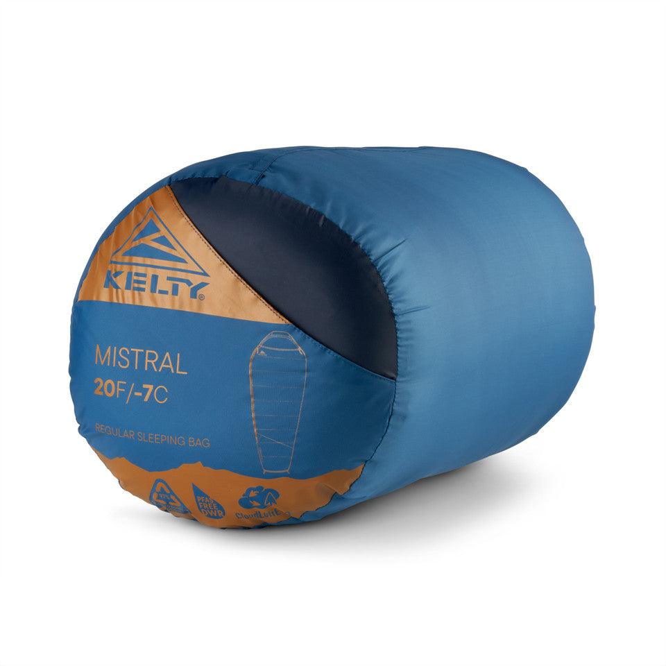 Kelty Mistral 20F sleeping bag in blue compress sack, labeled for camping and hiking