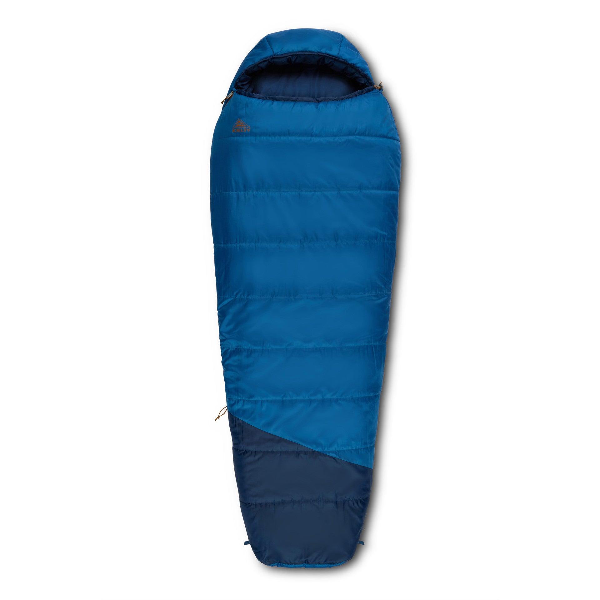 Blue mummy-style sleeping bag with hood, outdoor camping gear on white background