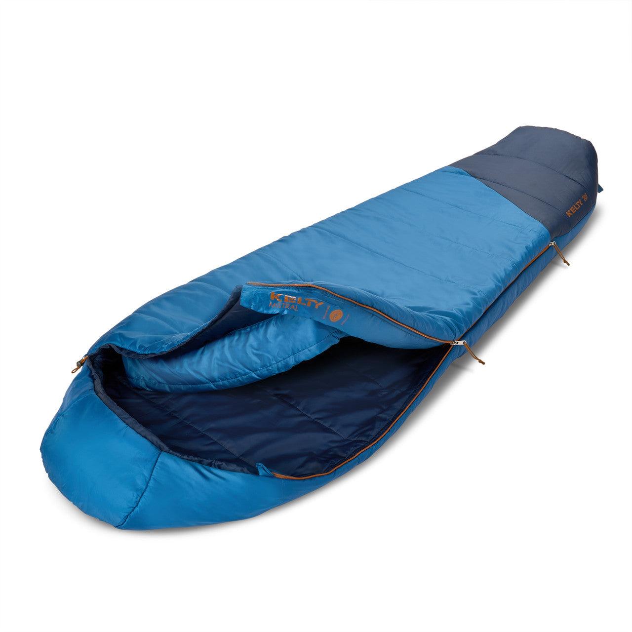 Blue Kelty Mistral 40 mummy sleeping bag with orange zipper, outdoor camping gear