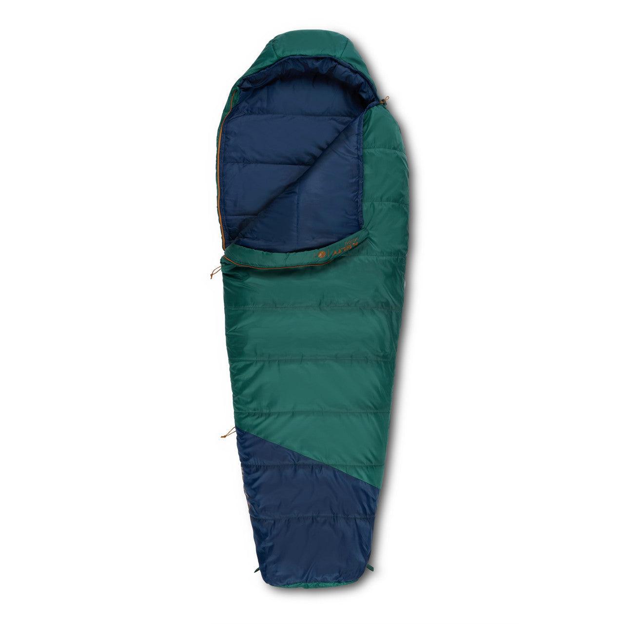 Mummy-style sleeping bag in green and navy for camping and outdoor use