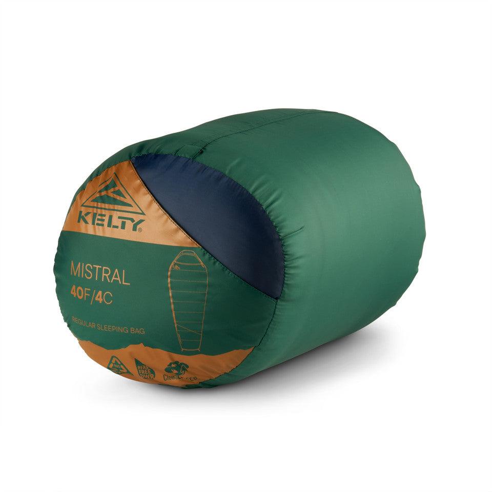 Kelty Mistral 40F green sleeping bag in stuff sack, camping gear product photo