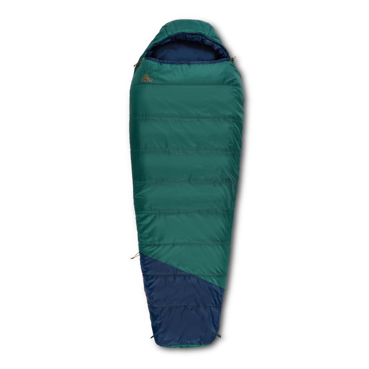 Green and navy blue mummy sleeping bag for camping on white background